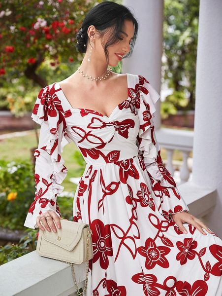 

floral print ruched sweetheart neck ruffle trim flounce sleeve dress 58jd#, Black;gray