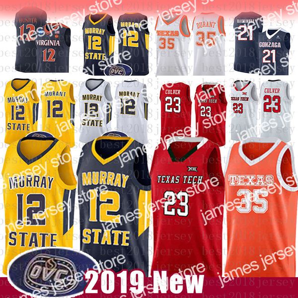 

new 12 ja morant murray state racers university ncaa basketball jersey 23 jarrett culver 35 kevin texas tech red raider durant college xw34a, Black