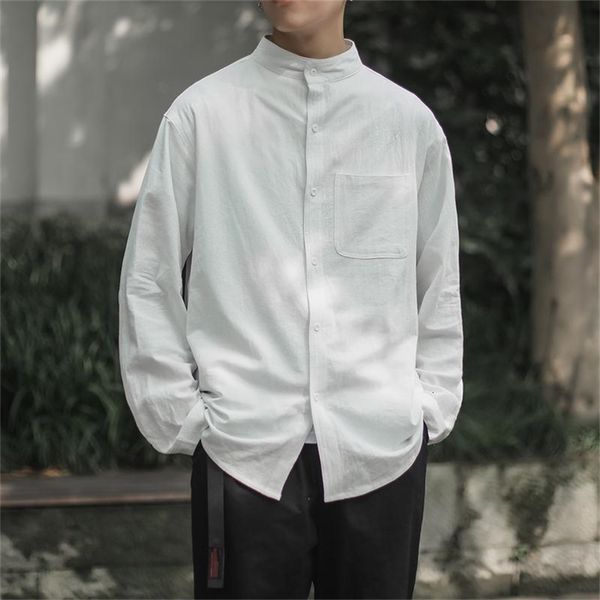 

privathinker harajuku men's long sleeve shirts fashion stand up collar man shirt solid color male oversized blouses 220401, White;black