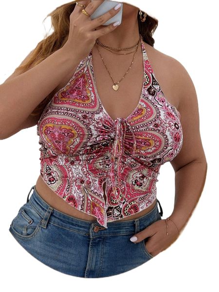 

plus allover print tie backless drawstring split hem halter g2kk#, Black