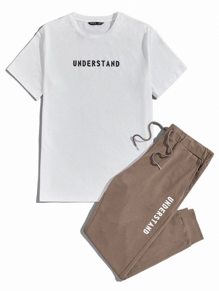 

men letter graphic & joggers set l7om#, Gray