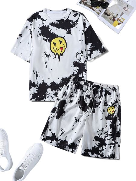 

men tie dye cartoon graphic tee & shorts f6wh#, Gray