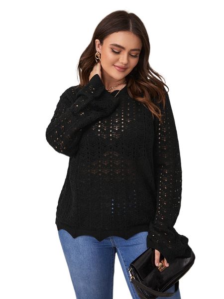 

plus pointelle knit scallop hem sweater without bra z8b0#, Black