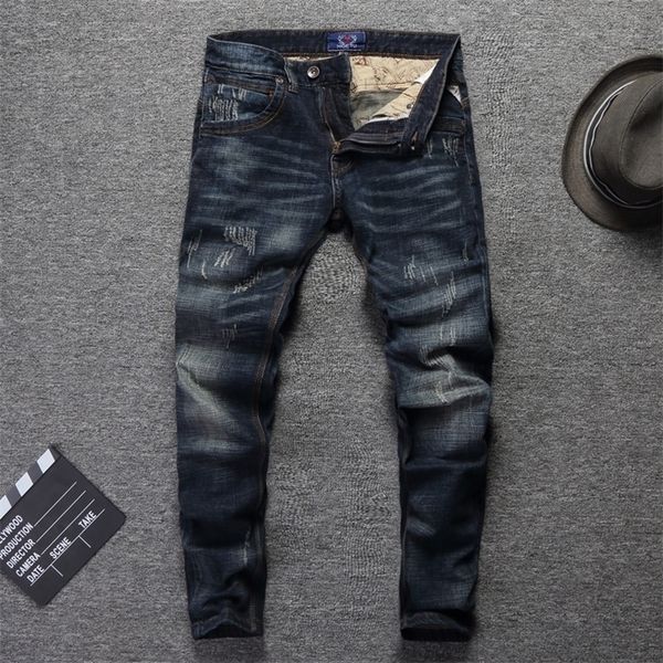 

vintage designer men jeans slim fit cotton denim pants ripped jeans for men wild classical jeans homme size 2838 t200614, Blue