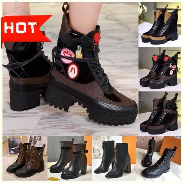 

with box ace star ankle luxury womens chunky heel desert woman boots letter old flower designer lace up thick martin 295e, Black