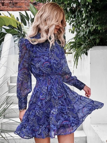 

paisley print ruffle trim shirred dress y2wl#, Black;gray