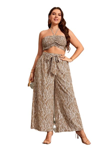 

plus allover print shirred tie back halter & wide leg pants e6cr#, Black