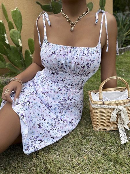 

floral print tie shoulder ruched bust cami dress d5fj#, Black;gray