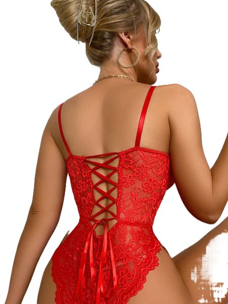 

floral lace scallop trim teddy bodysuit y8jb#, Black;red