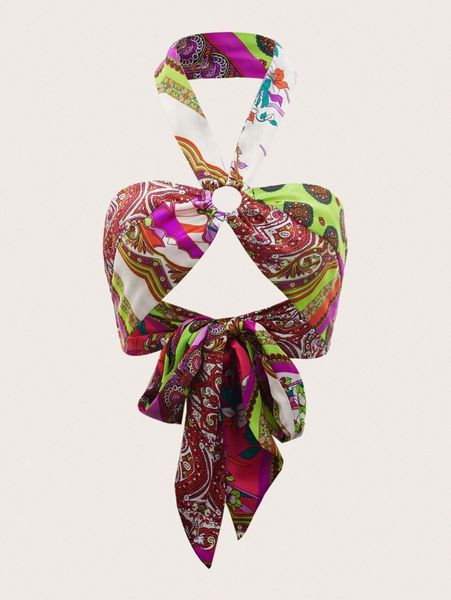 

scarf print tied backless halter crop h73f#, White