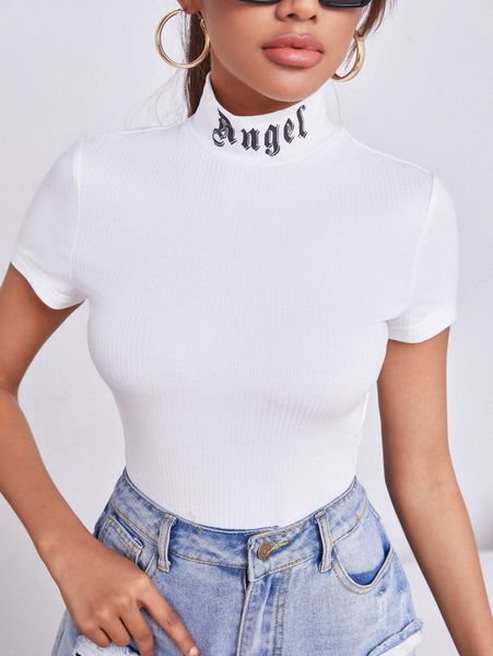 

letter graphic mock neck rib knit tee d0ss#, White