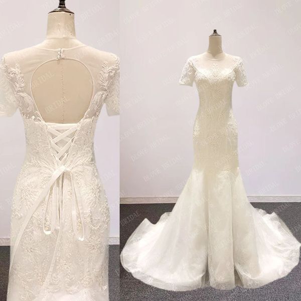 

real image mermaid wedding dress 2022 beaded lace short sleeve bridal gowns off white wedding gown