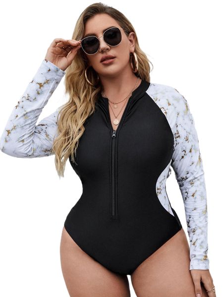 

plus marble print zip front one piece swimsuit j4tm#, White;black