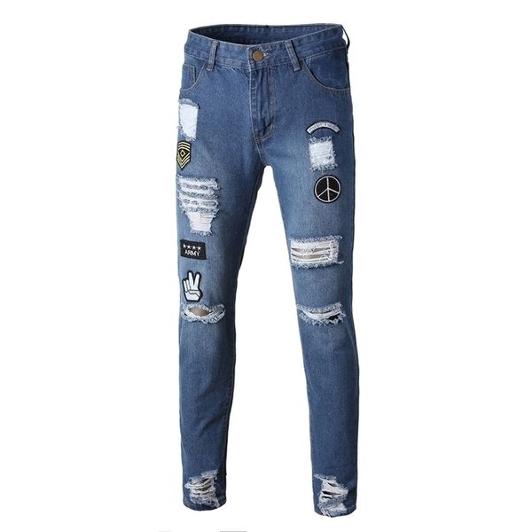 

mens cool designer brand black jeans skinny ripped destroyed stretch slim fit hop hop pants with holes for men 201111, Blue