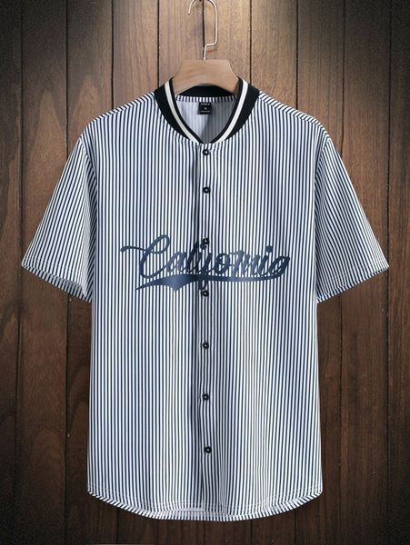 

men striped & letter graphic contrast baseball collar shirt x7zx#, White;black