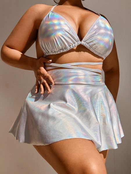 

plus metallic lace up triangle bikini swimsuit & beach skirt c1ni#, White;black