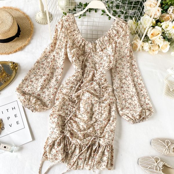 

women v neck ruffle long lantern sleeve chiffon floral print drawstring slim ruffle holiday mini dress elegant vestidos l437 y200805, Black;pink
