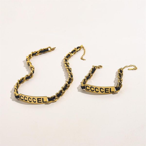 

18k gold plated luxury brand designer leather pendants necklaces stainless steel black letter choker pendant necklace bracelet cha287v, Silver