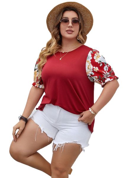 

plus contrast floral puff sleeve tee u95h#, Black