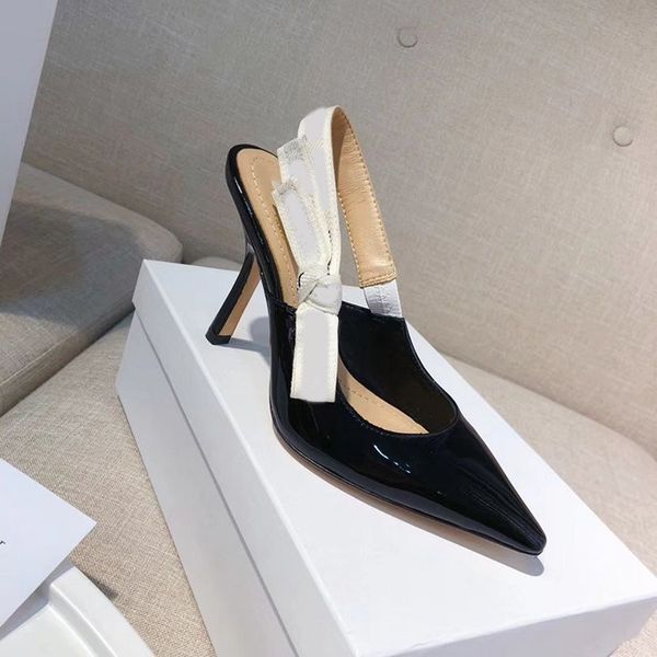 

luxury designer heels sandals sling back pumps pointed toe real leather dress shoes for woman 9.5cm high heel bowties wedding shoe with box, Black