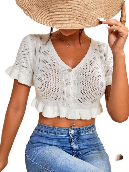 

ruffle trim flounce sleeve pointelle knit cardigan l9l6#, White;black