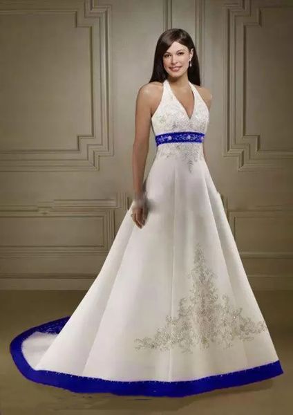 

vintage white and royal blue halter wedding dress a line 2022 elegant silver embroidery beaded back lace up plus size corset bridal gowns cu
