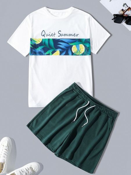 

men tropical & letter graphic tee & shorts x2ef#, Gray