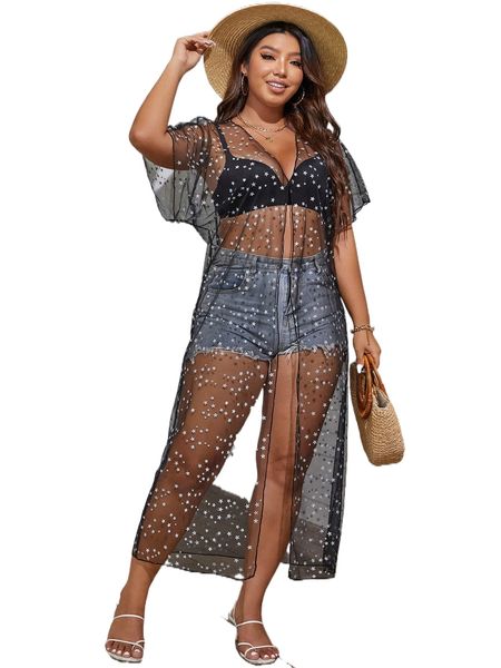 

plus star print batwing sleeve sheer kimono l4or#, Black;gray