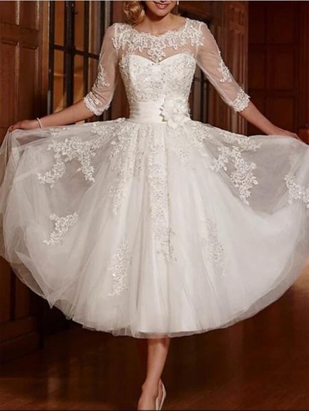 2022 Yeni Gelin Kısa Gelinlik Kollu Dantel Yıldız Kollu Dresses Vestido de Novia