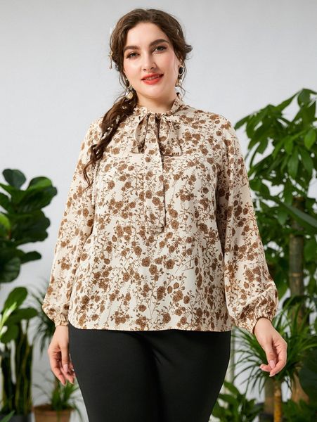 

plus floral print tie neck lantern sleeve blouse d1c0#, Black