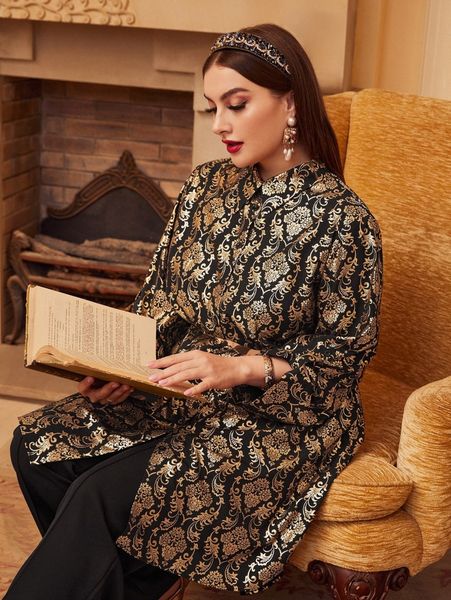 

plus floral print tunic blouse without belt d300#, Black