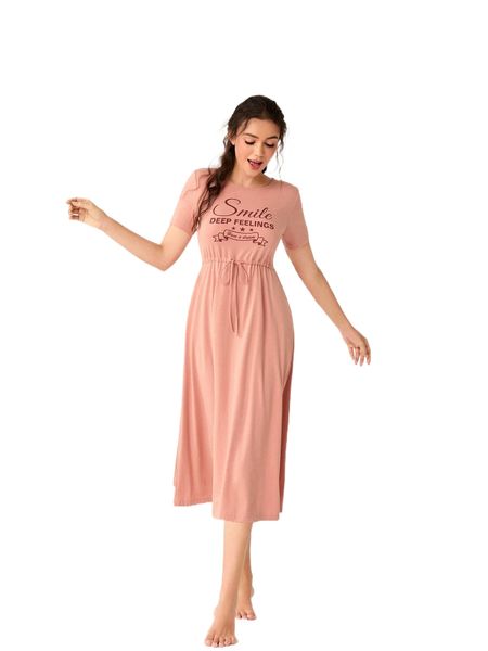 

letter graphic drawstring waist night dress w72m#, Black;red