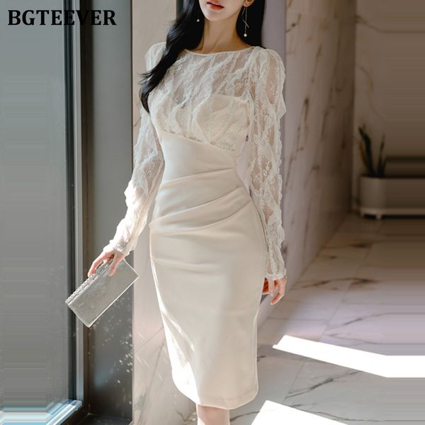

elegant o-neck lace patchwork women bodycon dress spring ladies dresses long sleeve slim waist midi vestidos, Black;gray