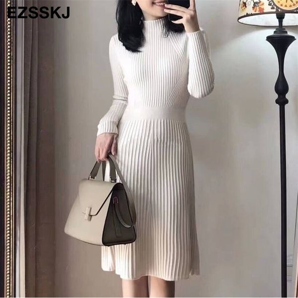 

elegant ol turtleneck slim long sweater dress women thick knit autumn winter dress female slim a-line basic dress casual 220317, Black;gray