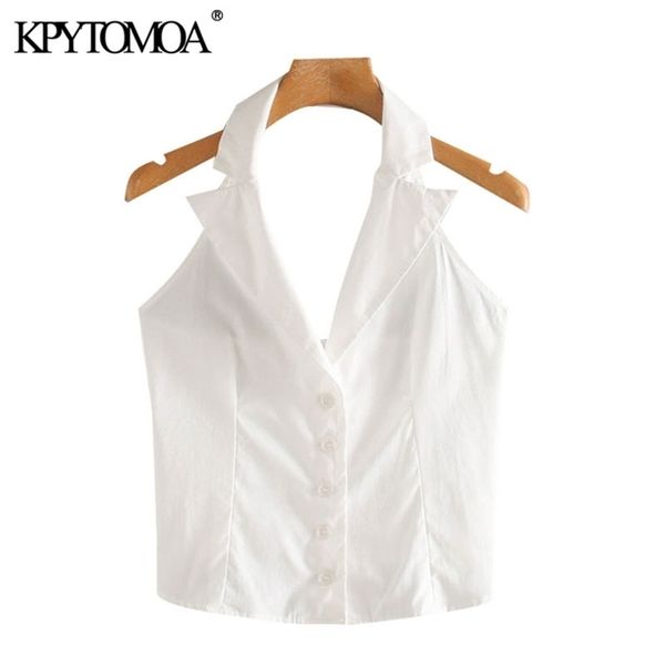 

kpytomoa women chic fashion buttonup cropped blouses vintage notched collar backless female shirts blusas chic 210401, White