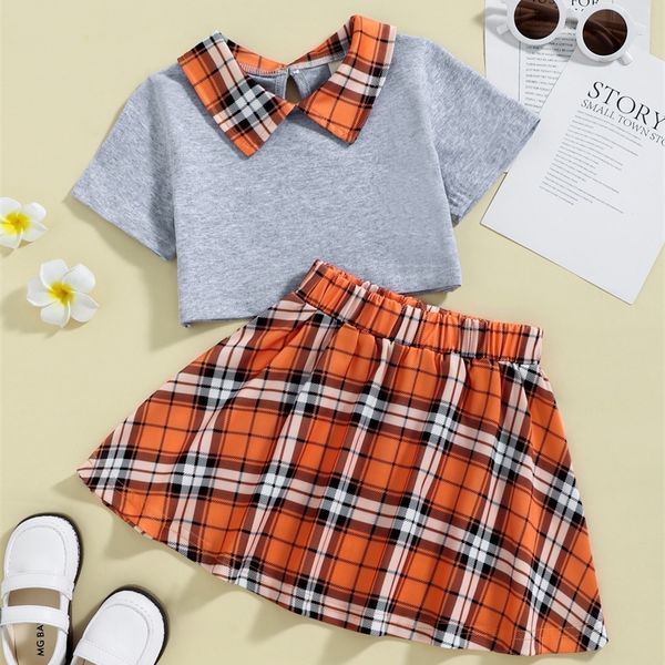 

toddler girls contrast collar crop tee & plaid skirt she07, White