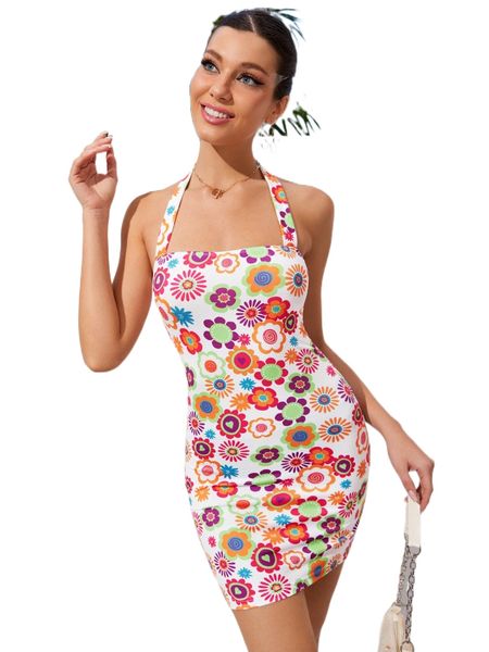 

floral print backless halter bodycon dress b8pi#, Black;gray