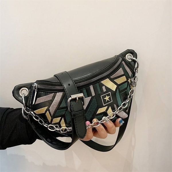 

colorful geometric pattern pu leather bags for women fashion waist female sport fanny pack chain crossbody chest bag 220810