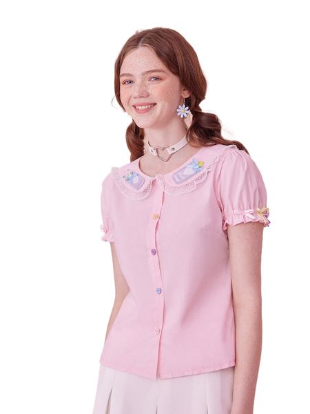 

kawaii patched contrast mesh button front blouse d9qd#, White