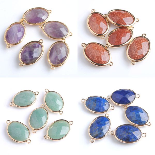 

30pcs shiny oval faceted natural gemstone beads two hole gold plating connector for women jewelry making bz903, Black