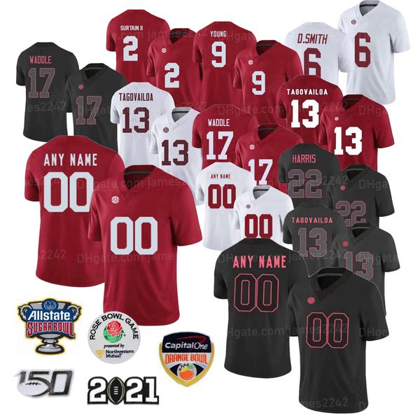 Maglia da calcio del college personalizzato Jaylen Waddle Jones Tua Tagovailoa Patrick Surtain II Bryce Young Devonta Smith Ed White Red Black