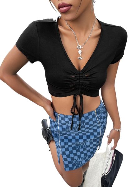 

solid drawstring ruched crop tee a4em#, White