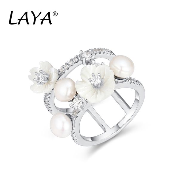 

laya natural shell flower freshwater pearl cluster ring for women 925 sterling silver summer style luxury jewelry fashion zirconium 2022 tre, Golden;silver