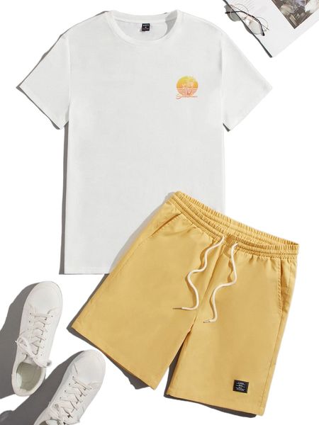 

men coconut tree & letter graphic tee & drawstring waist shorts h9oi#, Gray