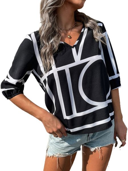 

geo print lantern sleeve blouse z3lp#, White