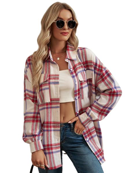 

plaid flap pocket drop shoulder shirt g0ki#, White