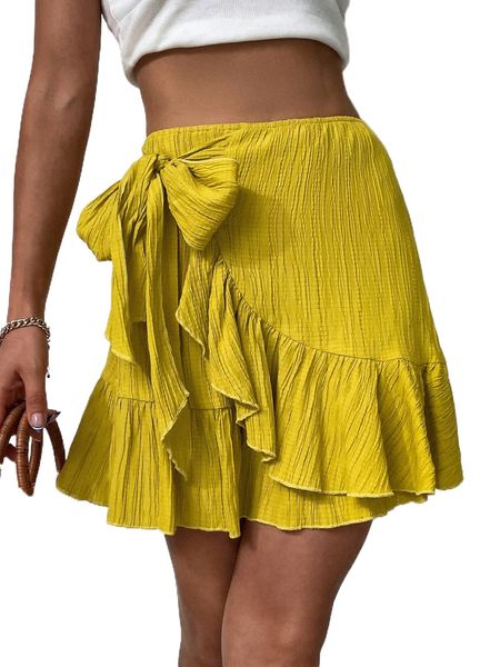 

solid ruffle trim skirt z3s3#, Black