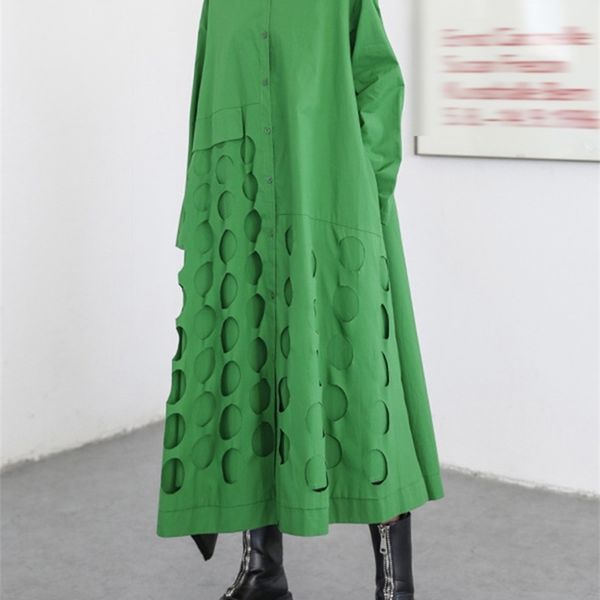 

[eam] women green irregular hollow out big size shirt dress lapel long sleeve loose fit fashion spring autumn 1de1713 220426, Black;gray