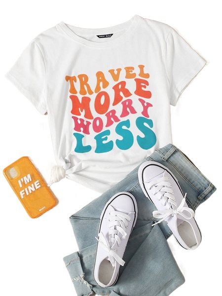 

slogan print round neck tee f6ad#, White