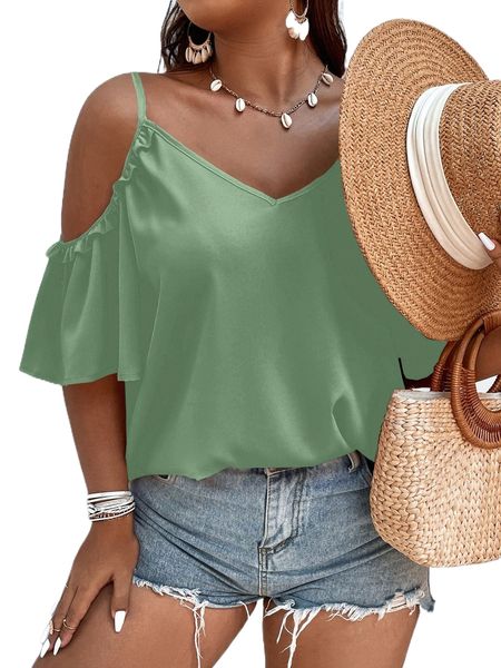 

plus cold shoulder frill trim blouse z89l#, Black